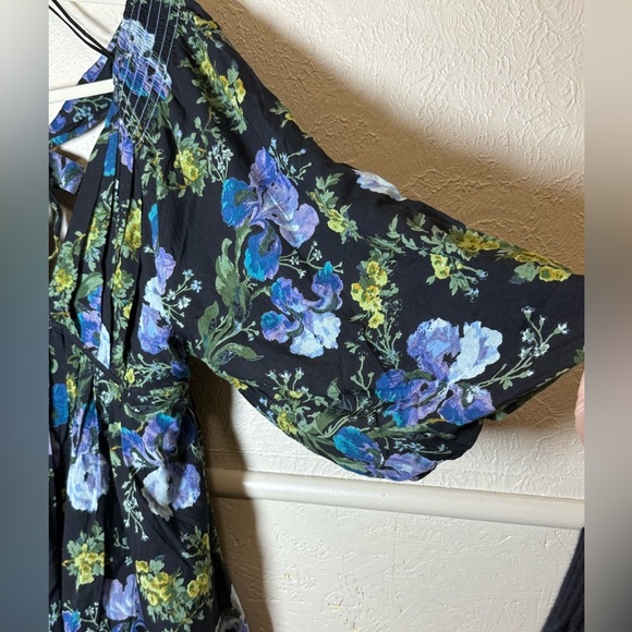 Free People Black Floral Babydoll Mini Dress Balloon Sleeves Flowy Size Small - Picture 3 of 10